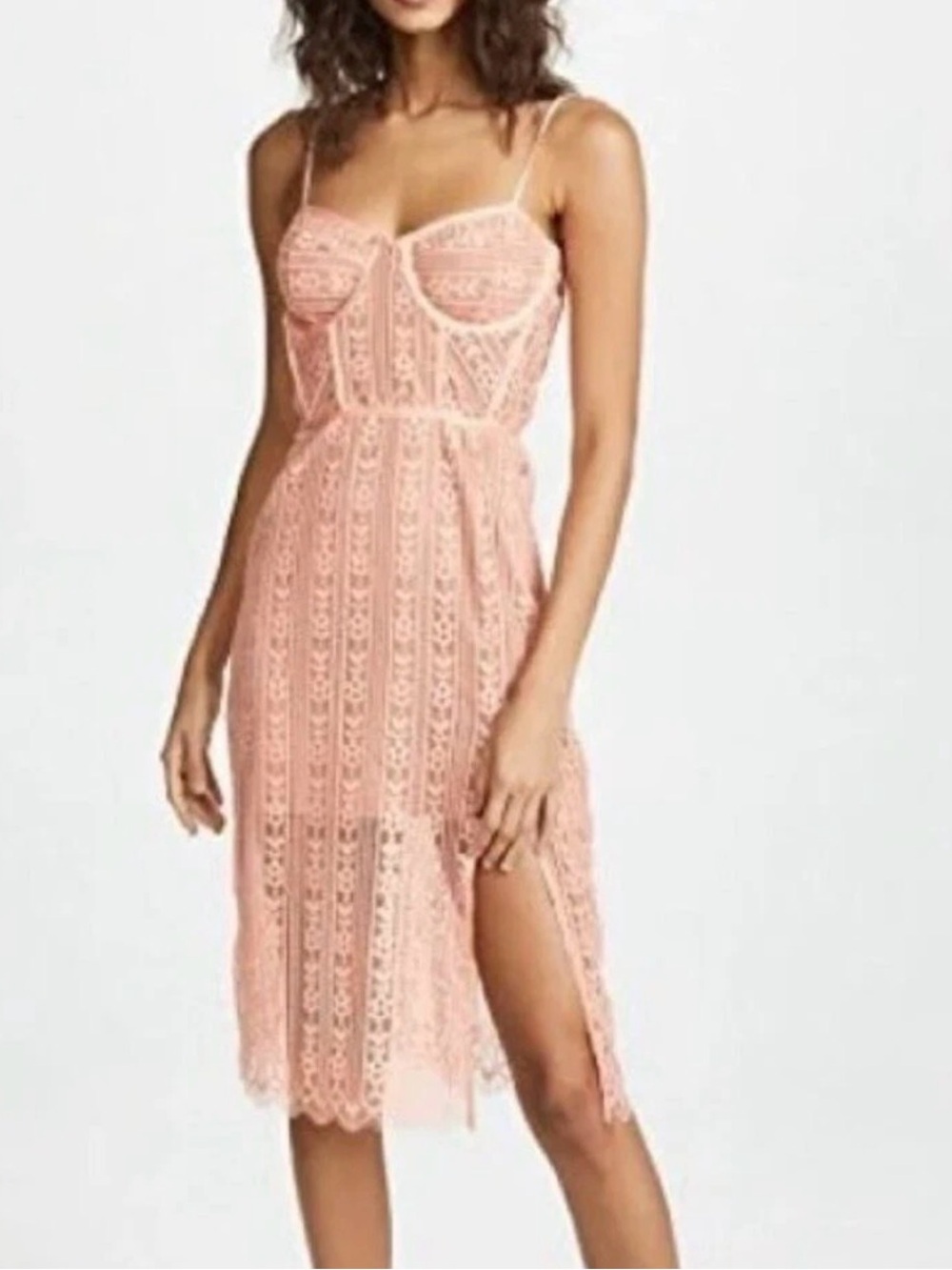 For Love And Lemons Blush Pink Lace Midi Dress with Side Slit